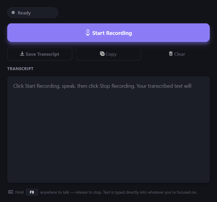 VoxScribe ready to record