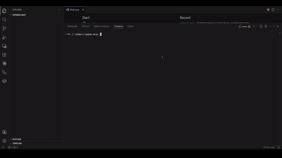 ZipMem demo — a Claude Code session saving and compacting its memory