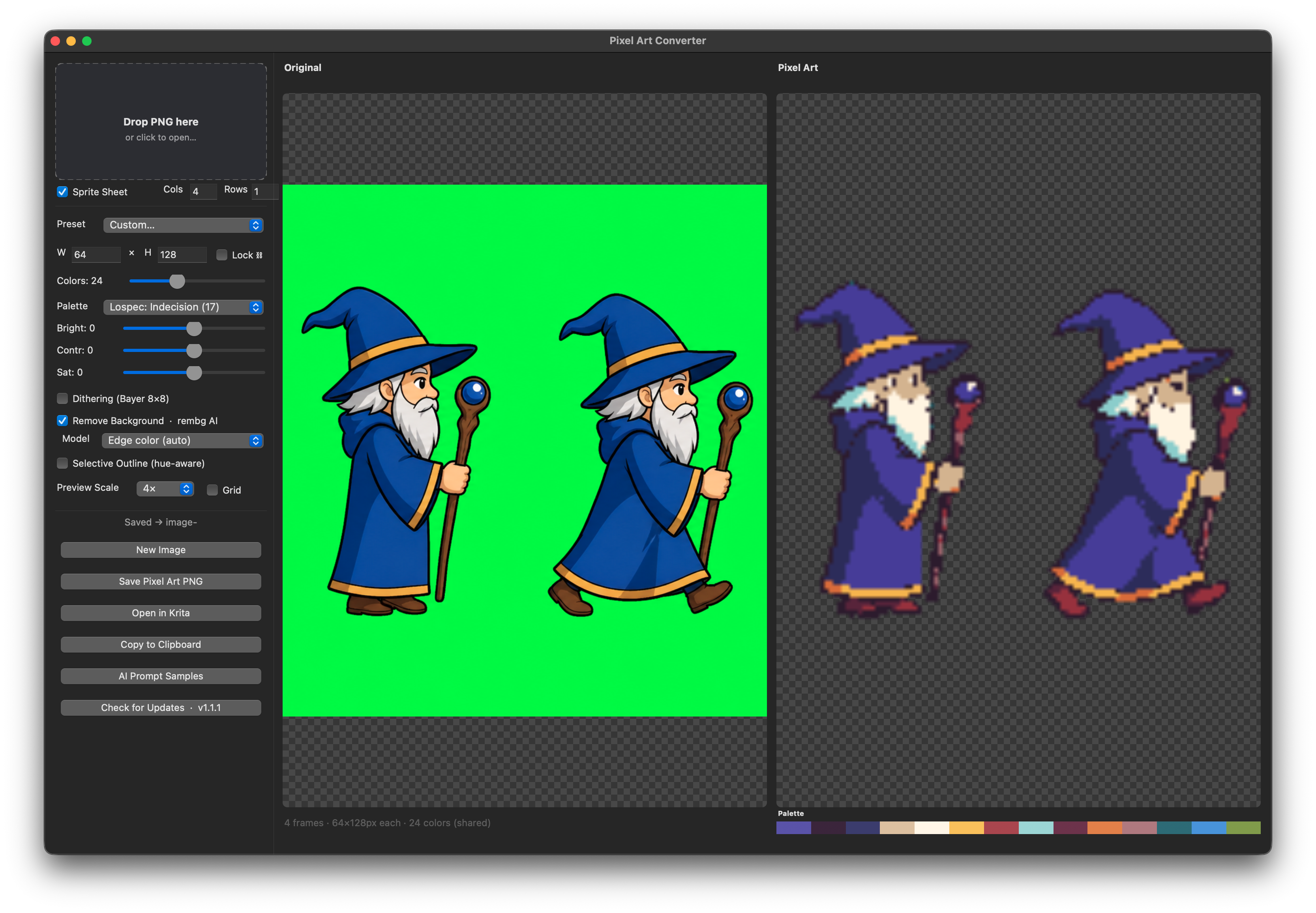 Pixel Art Converter 桌面程序界面示例，展示图像预览、像素化参数与调色板