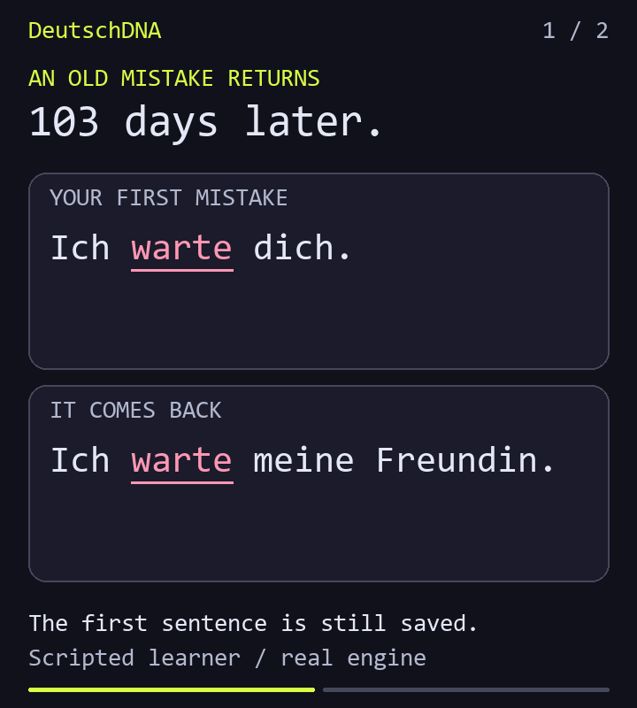 An old mistake returns after 103 days. DeutschDNA still has the first sentence, its correction, and the hint that helped, ready for renewed practice.