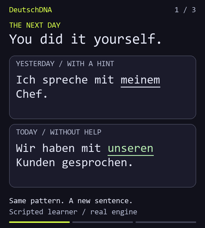 Progress first: yesterday, Ich spreche mit meinem Chef needed a hint; today, Wir haben mit unseren Kunden gesprochen is produced without help. The replay then shows the original mistake and self-repair.