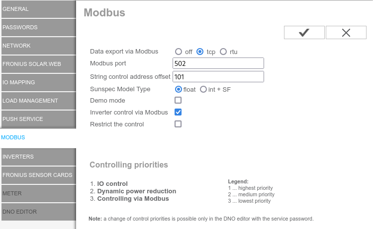 Screenshot of the Fronius web interface modbus configuration section