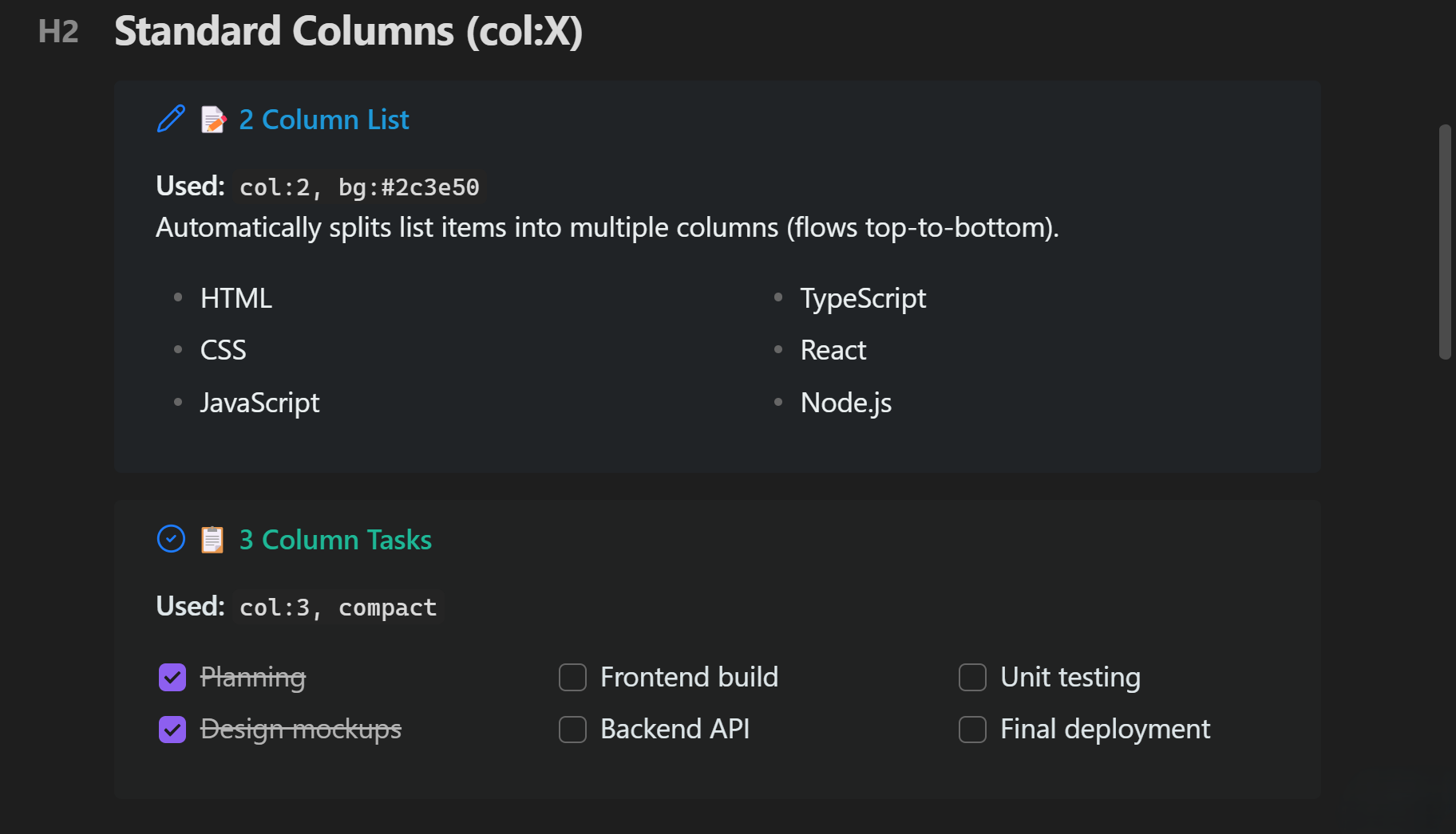 Two- and three-column lists created with col:2 and col:3