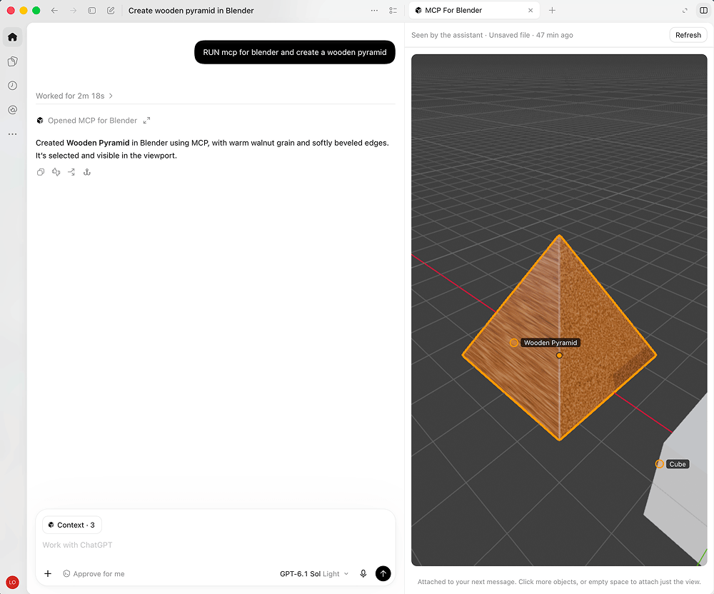 MCP for Blender plugin in the Codex app, showing the live viewport beside the chat