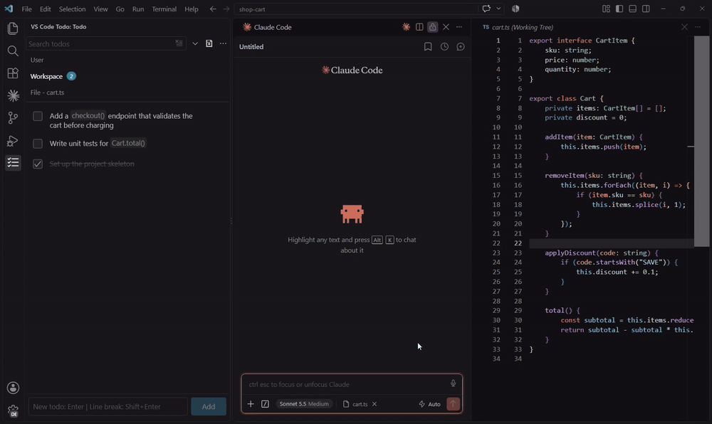 Claude Code reviews cart.ts, files the bugs as tagged todos in VS Code Todo, then completes the next one