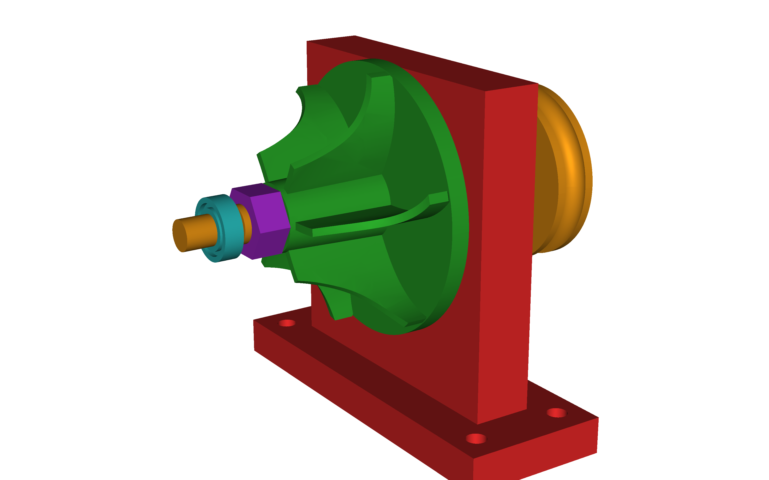 A centrifugal compressor assembly in shaded isometric: six backswept impeller blades in green on an upright bearing housing in red, grooved pulley-shaft behind, lock nut and small inlet bearing on the shaft nose