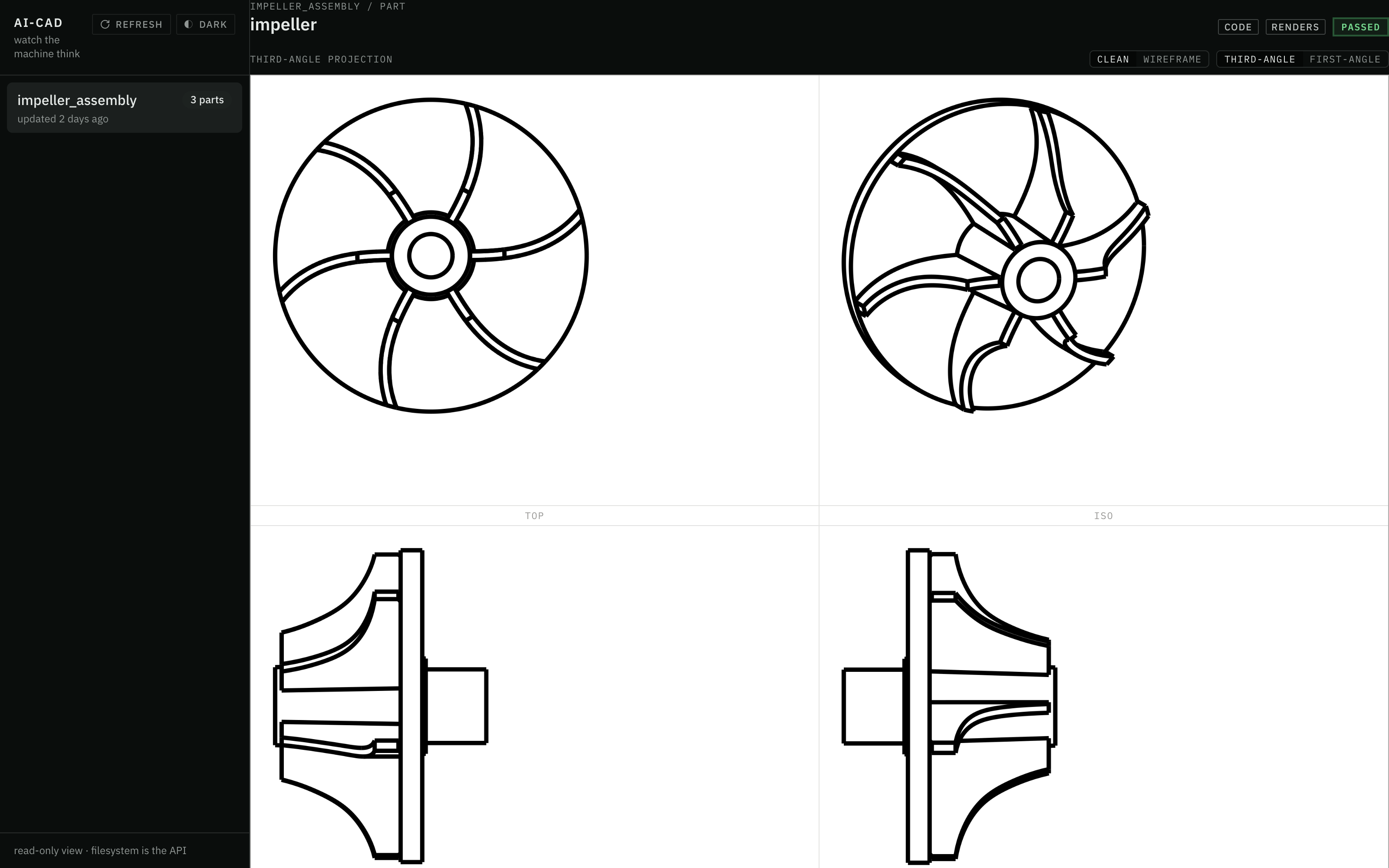 The impeller part page in the dashboard: engineering views of the backswept impeller with its validation verdict and DFMA findings