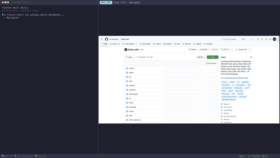 flutter-skill CLI demo — nav, tap, type, screenshot across websites
