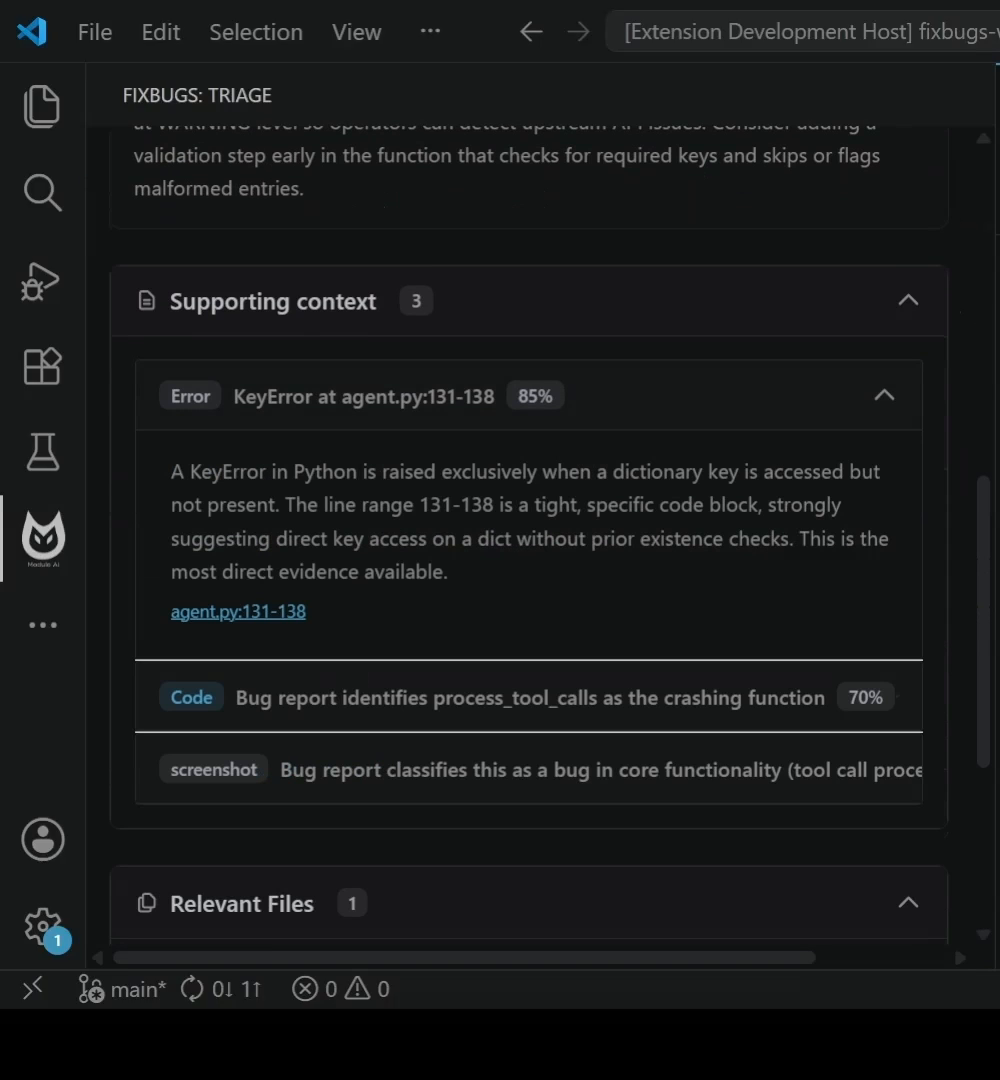 Analysis results with supporting context and affected file