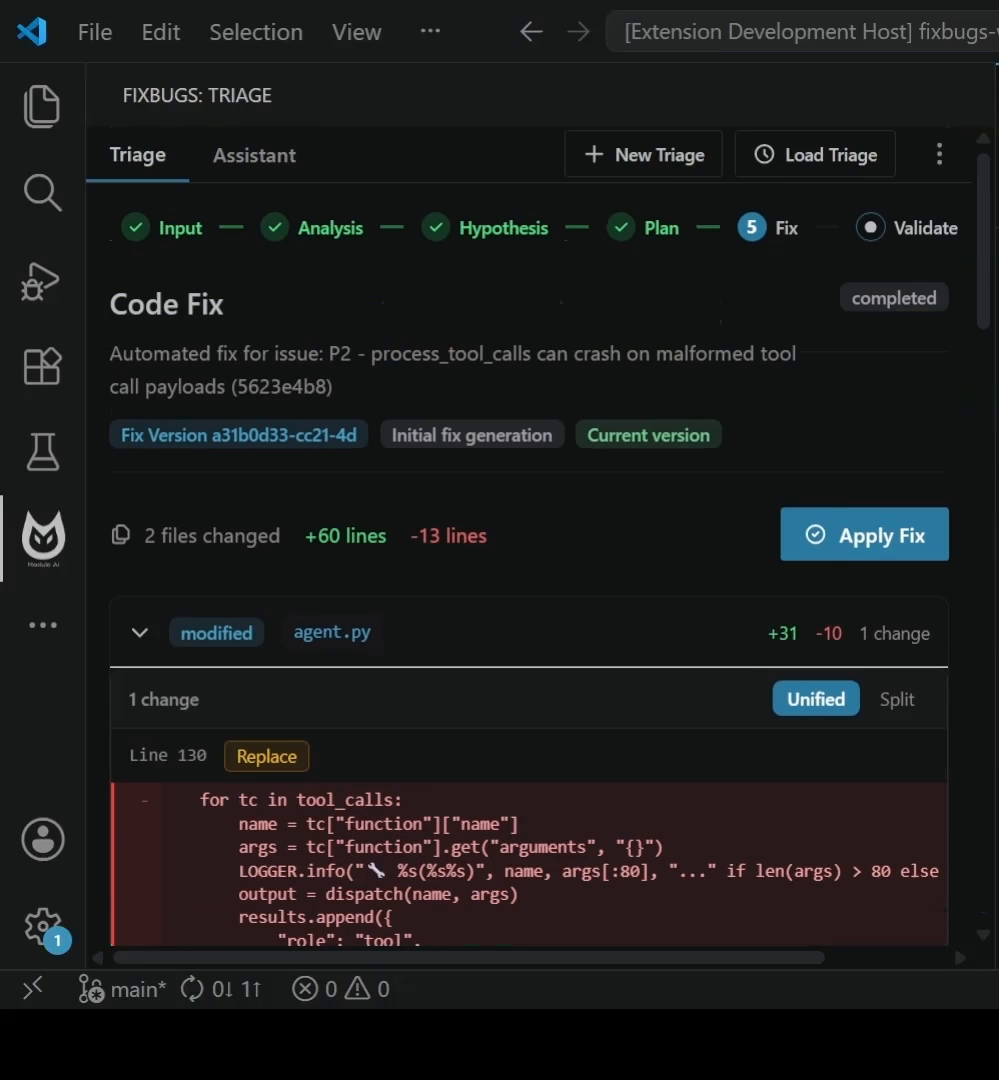 Code Fix diff with Apply Fix button