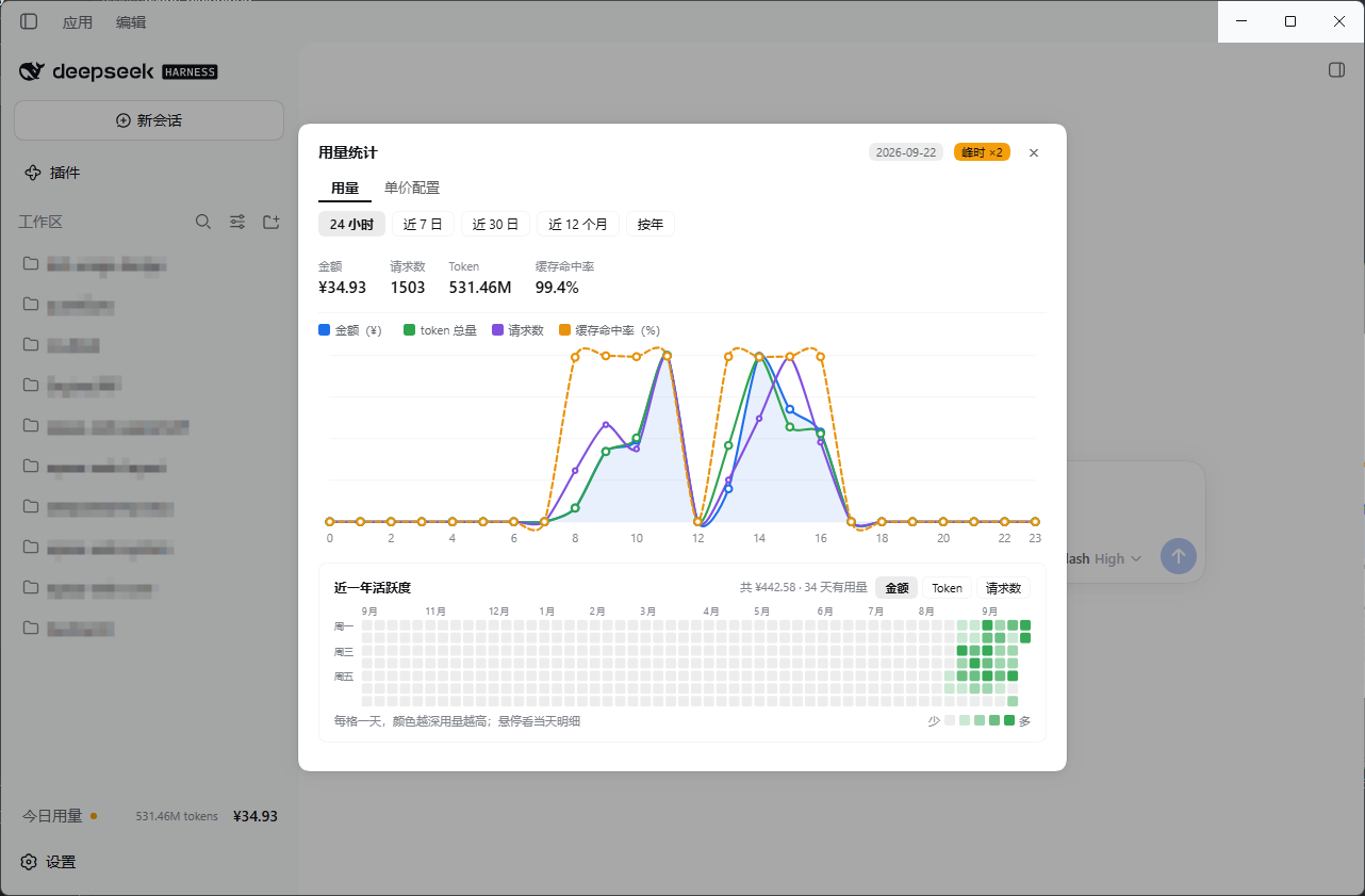 侧边栏底部的「今日用量」行与用量弹窗