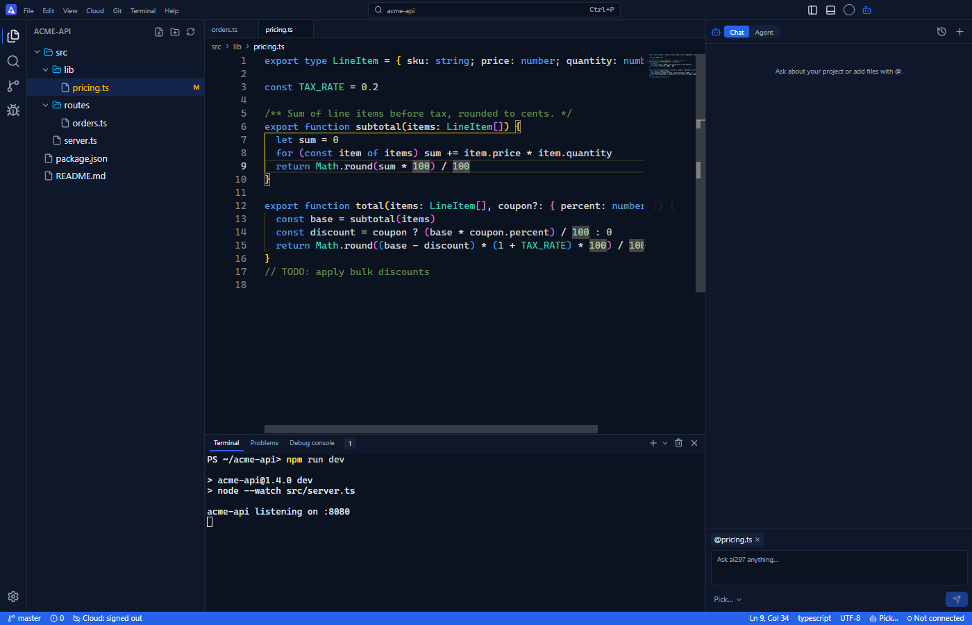 ai297 AI code editor: a TypeScript project open with the file explorer, Git changes and the integrated terminal running a dev server