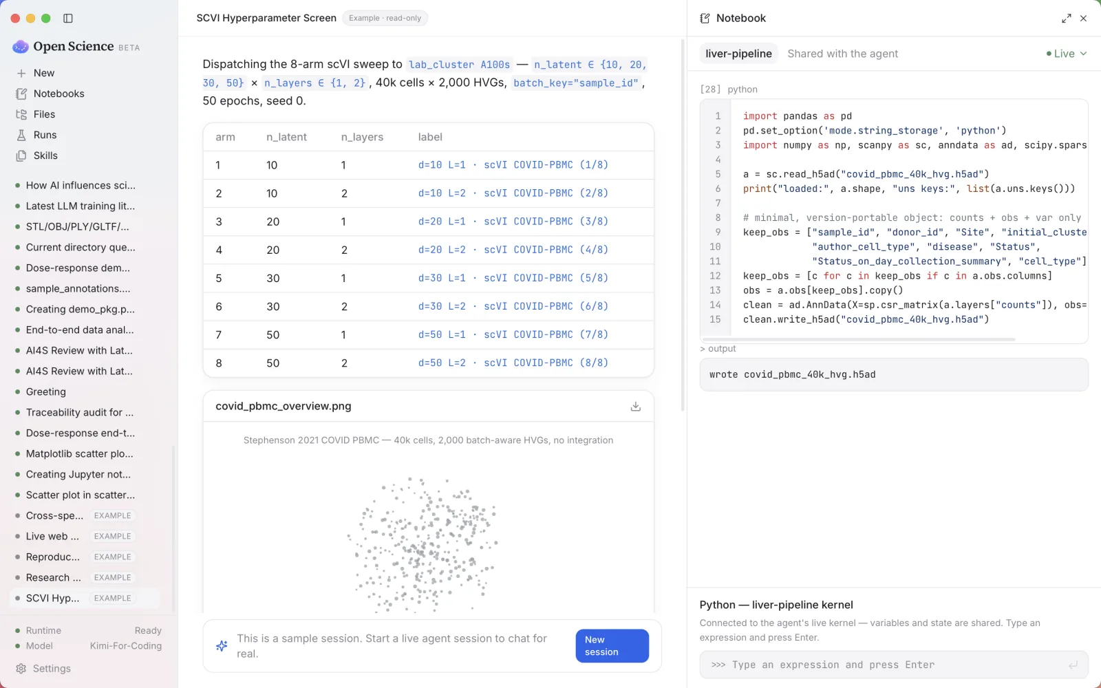 An 8-arm scVI hyperparameter sweep table beside a live analysis notebook sharing the agent's kernel