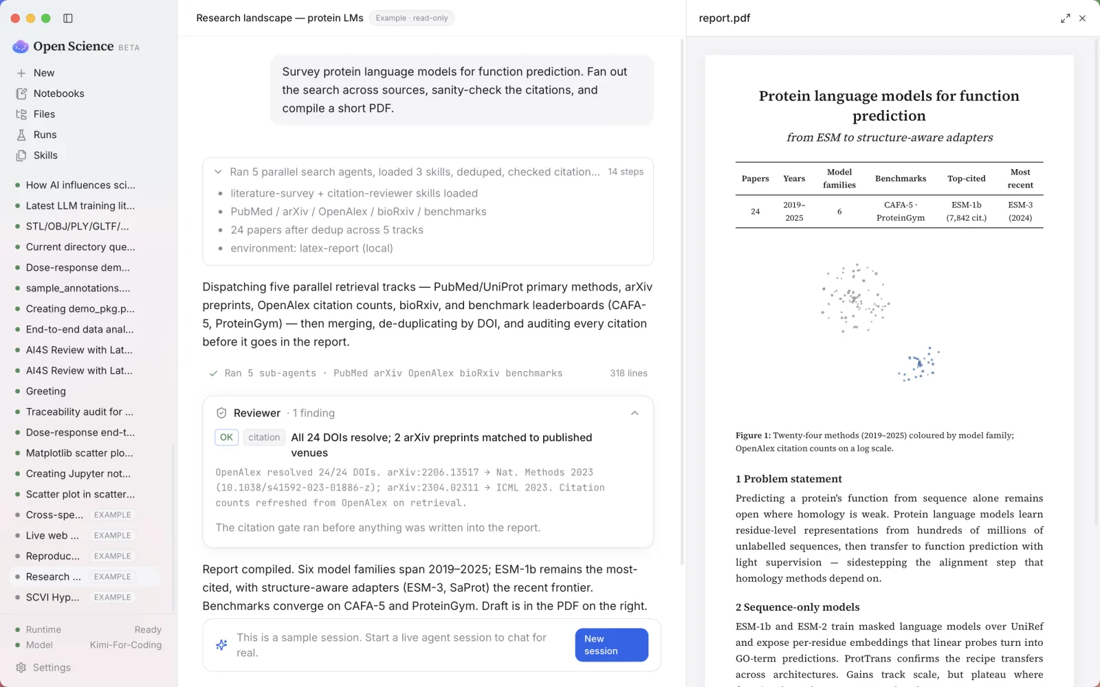 A protein-language-model literature survey compiled into a PDF manuscript, with a citation reviewer confirming every DOI resolves