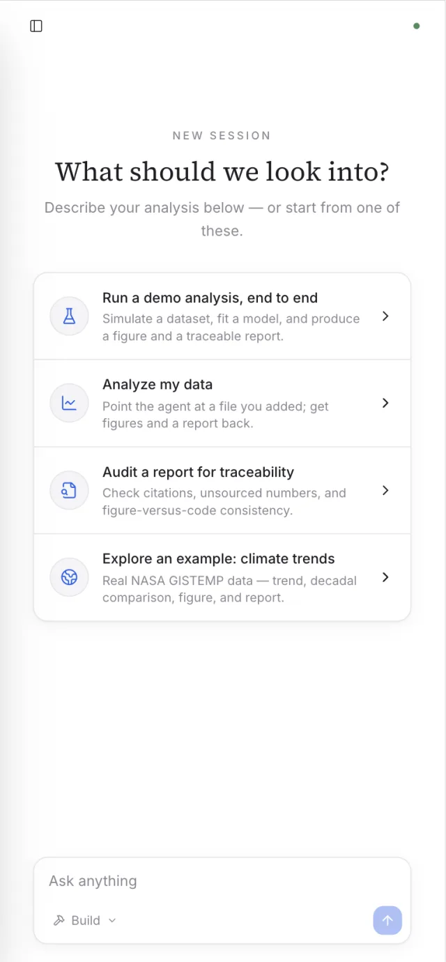 The workbench in a phone browser: the new-session screen with starter analyses
