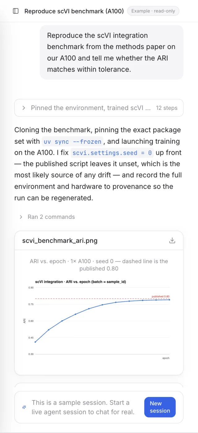 Reproducing an scVI benchmark, with its ARI-vs-epoch figure, viewed on a phone