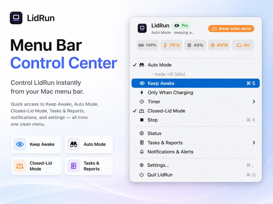 LidRun menu-bar control center — Auto Mode, Keep Awake, Closed-Lid Mode, and live battery / temperature / CPU / fan health