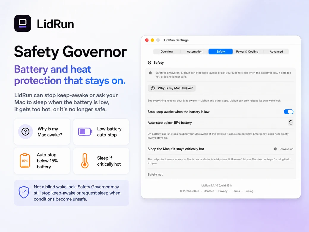 LidRun Safety settings — low-battery auto-stop, thermal sleep, and Why is my Mac awake