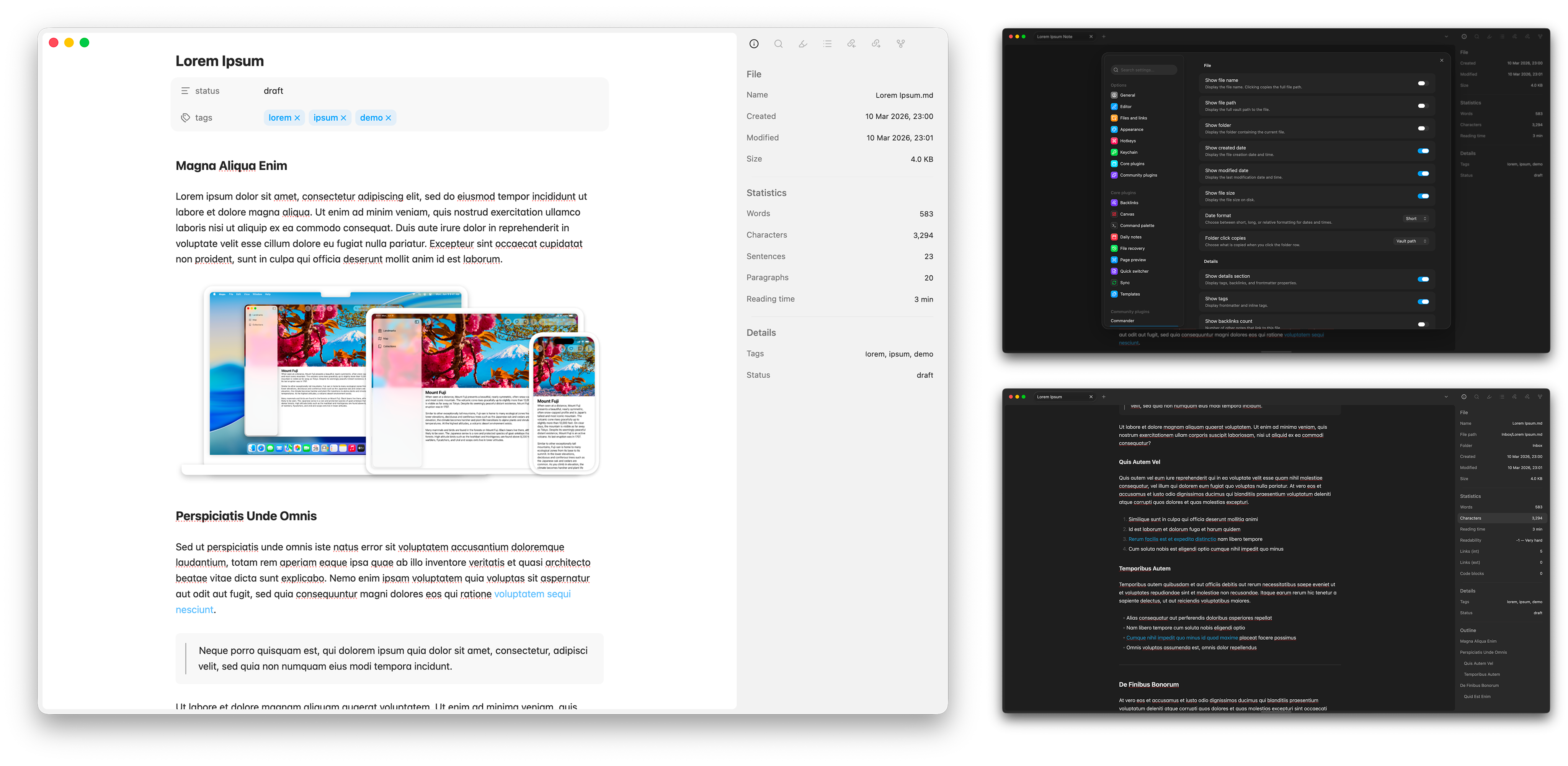 File Metadata plugin showing the sidebar panel with file info, statistics, and outline sections