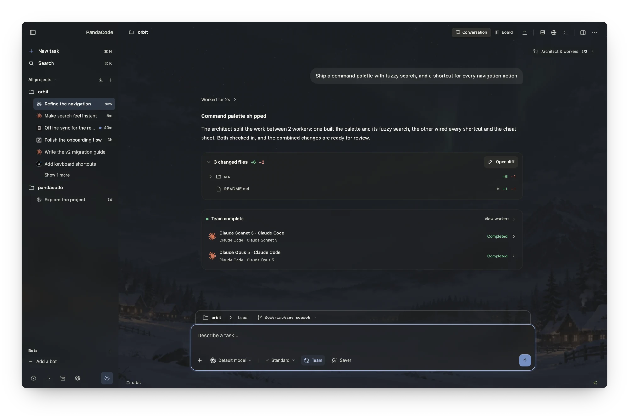 An agent team's finished run: the architect's summary, the combined changed files and two completed workers
