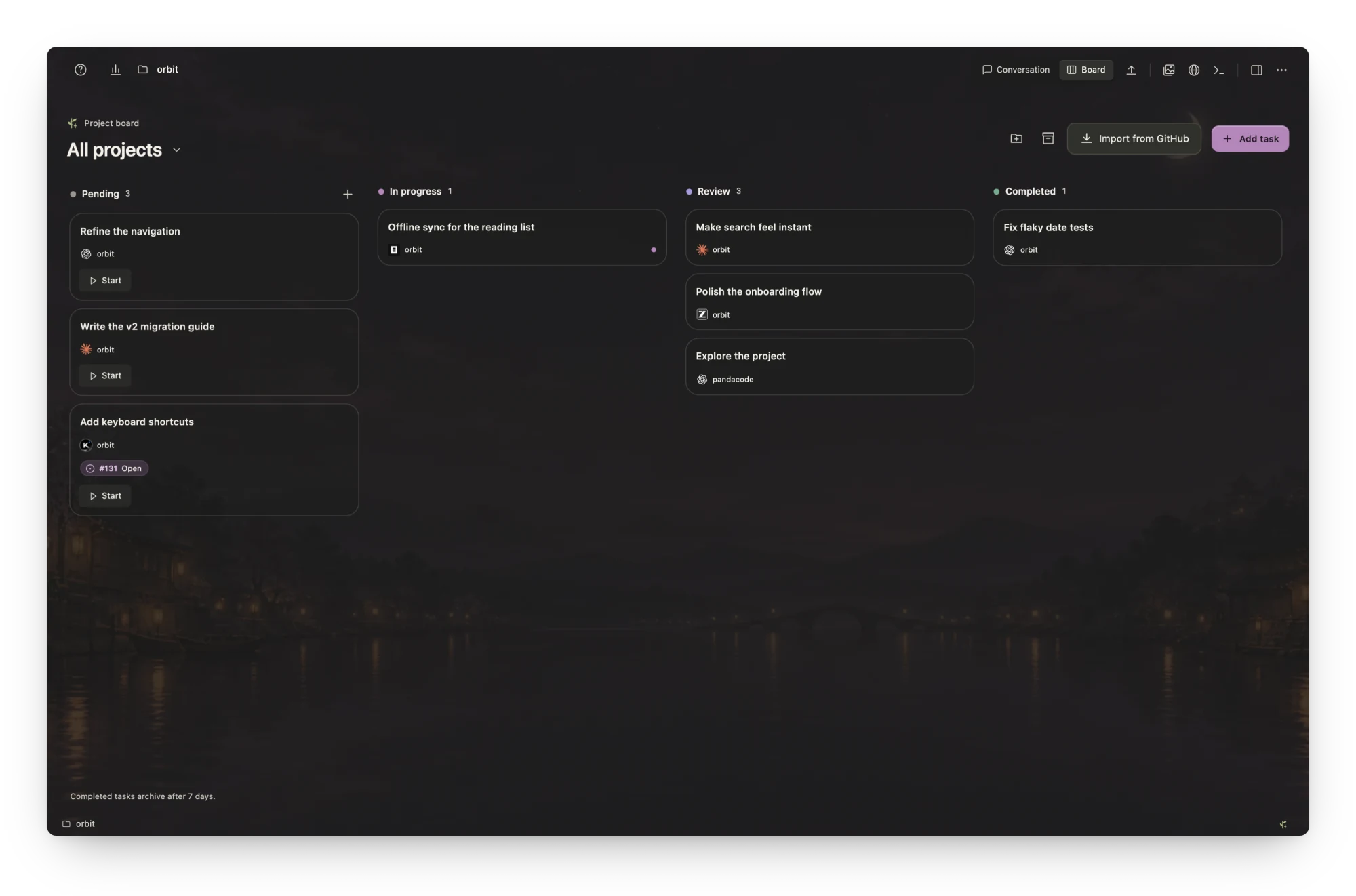 The task board with Pending, In progress, Review and Completed columns