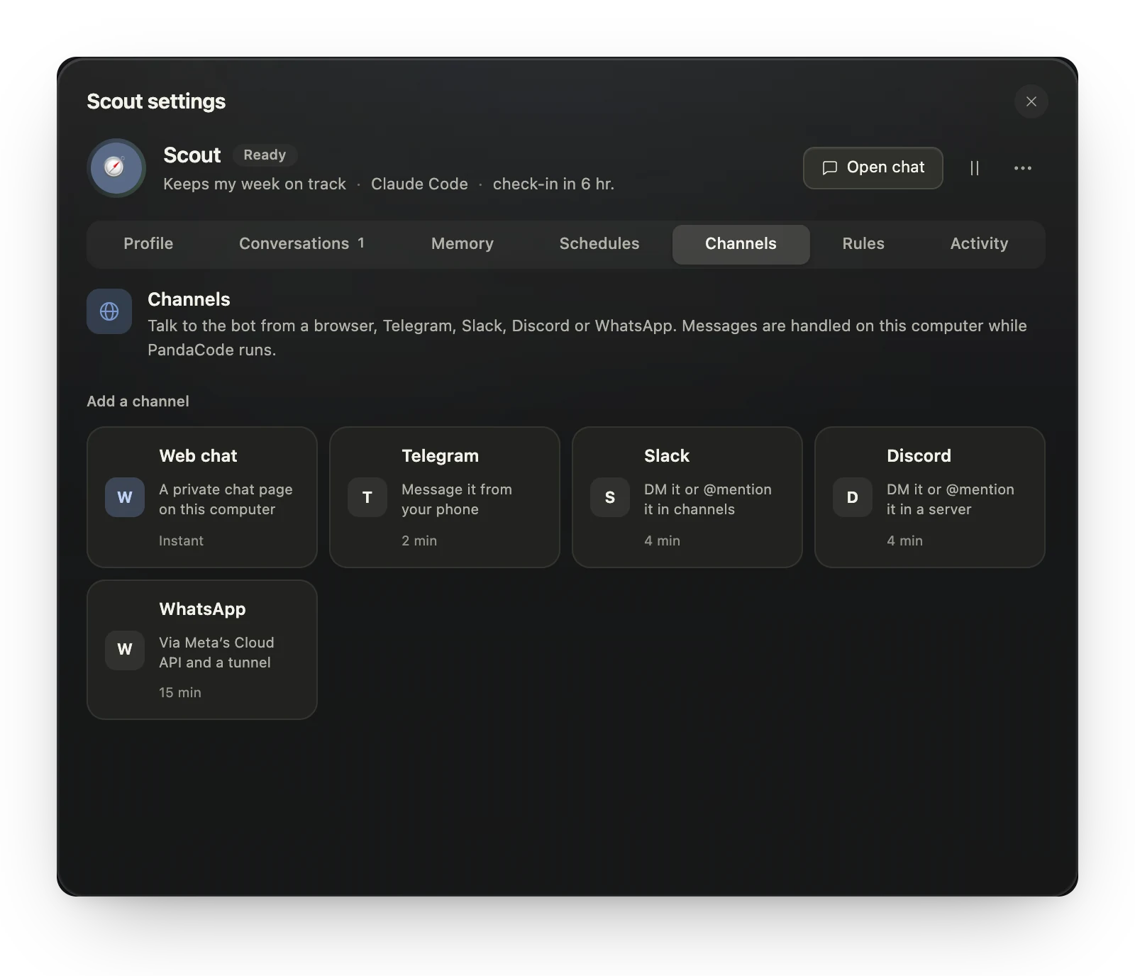 Bot settings with tabs for profile, conversations, memory, schedules, channels, rules and activity