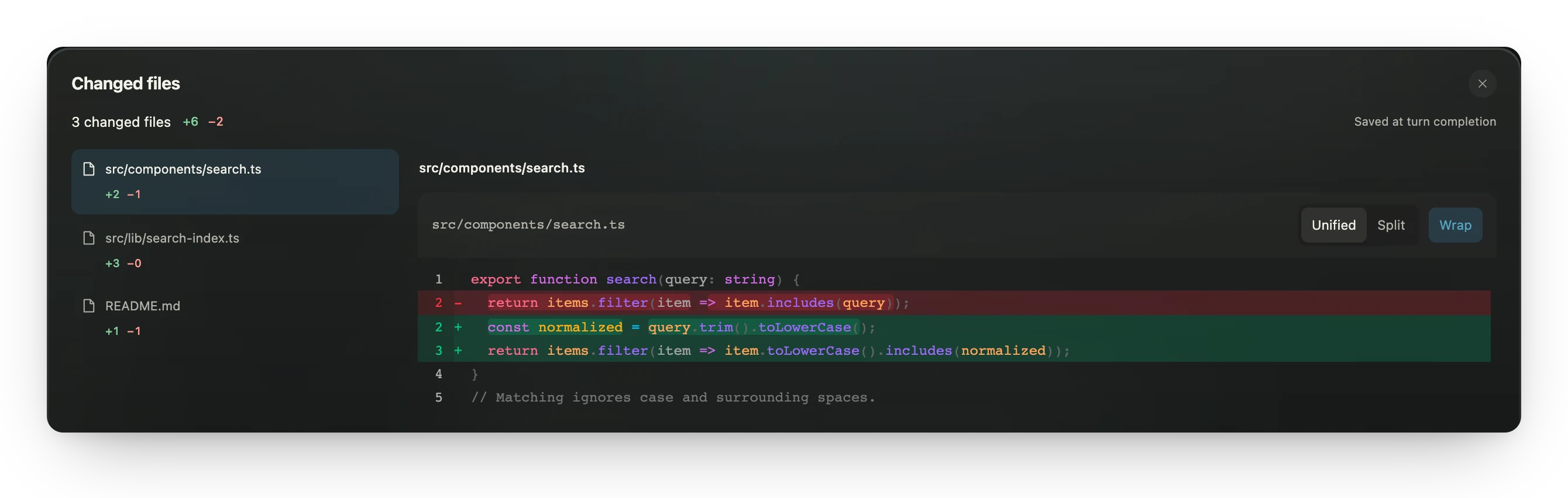 The changed-files viewer with a syntax-highlighted unified diff