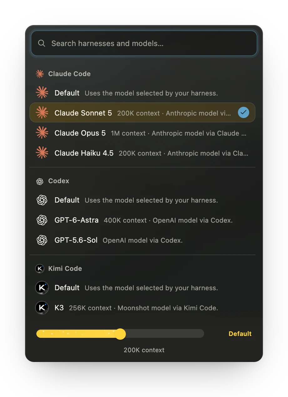 The harness and model picker listing Claude Code, Codex and Kimi Code models
