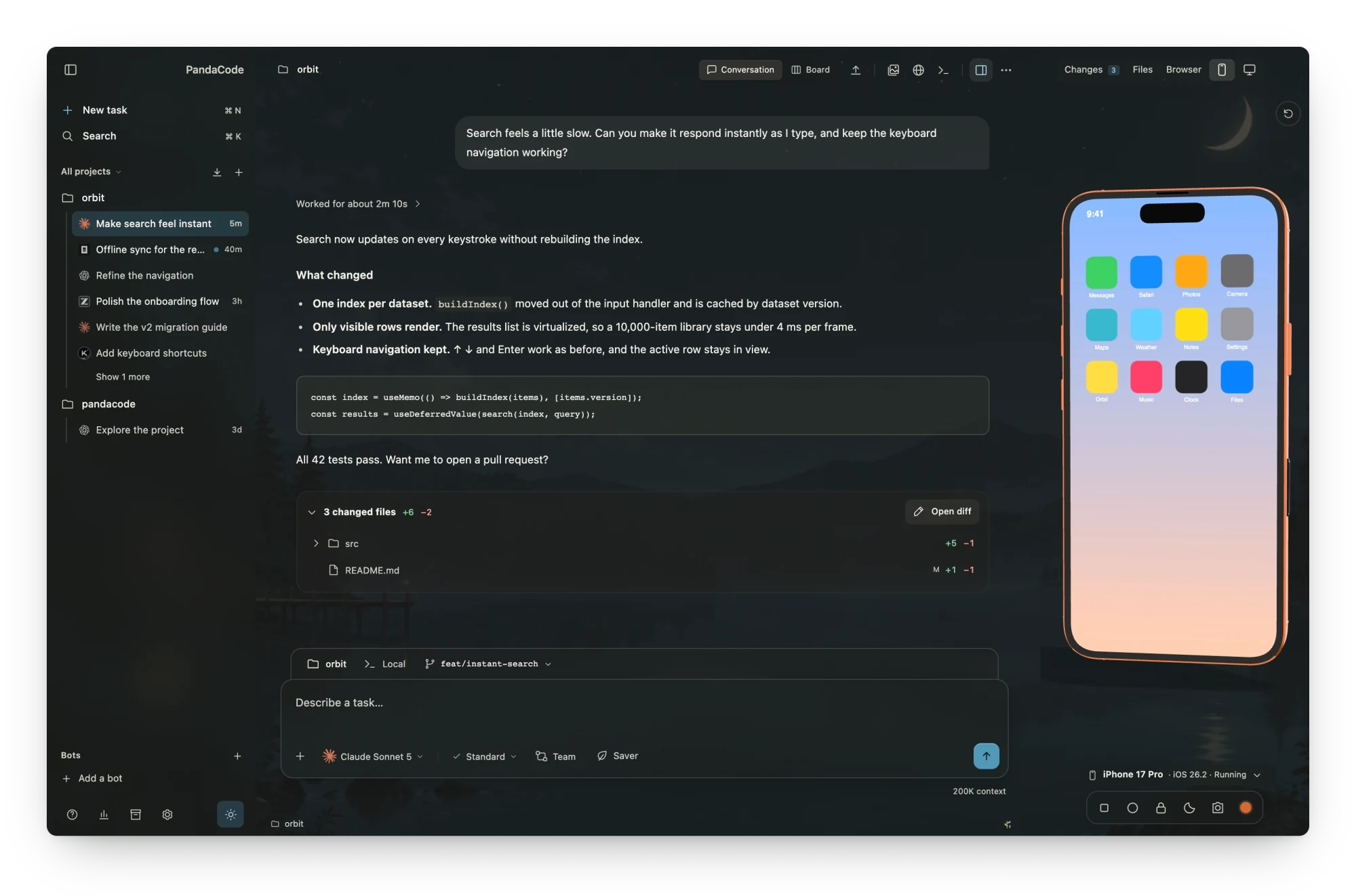 The inspector showing an iPhone 17 Pro simulator next to the conversation