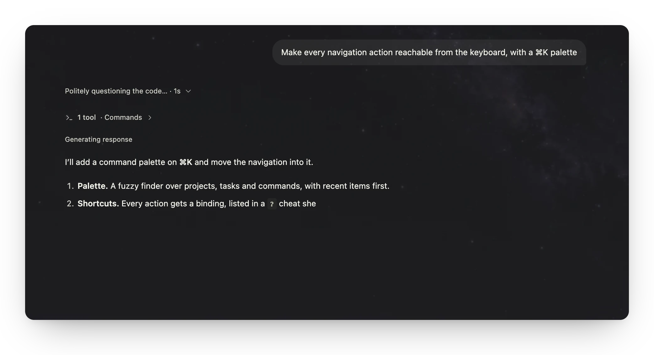 A reply streaming in, with the live working row and tool activity above it