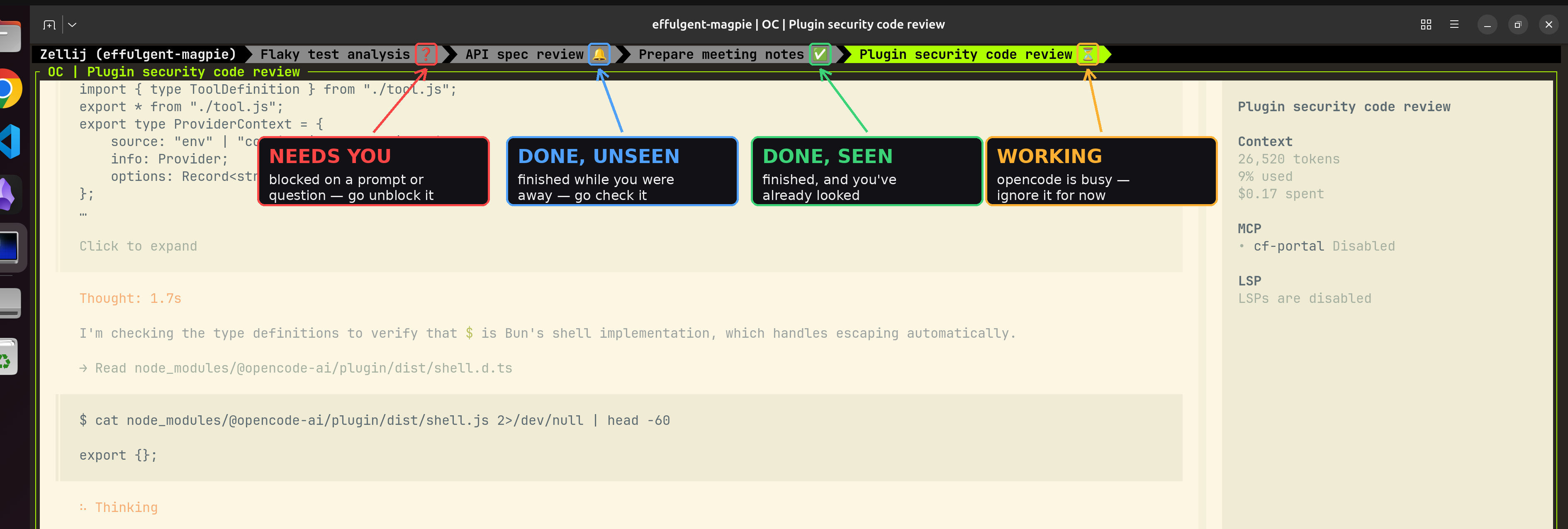 OpenCode status icons on each Zellij tab