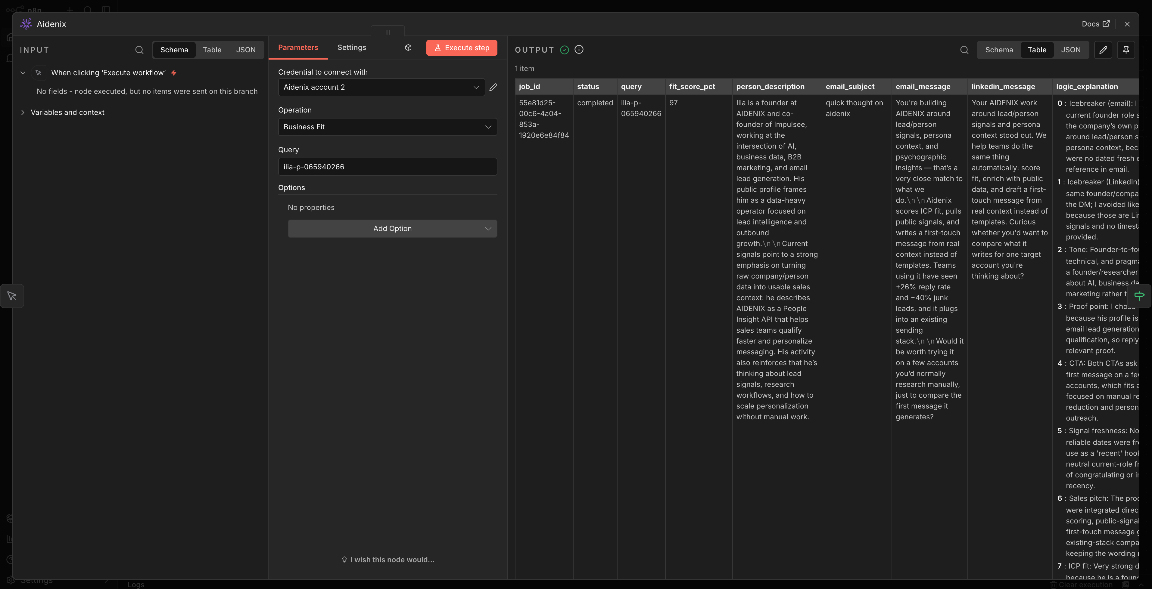 Aidenix node — input parameters and the flat output it produces
