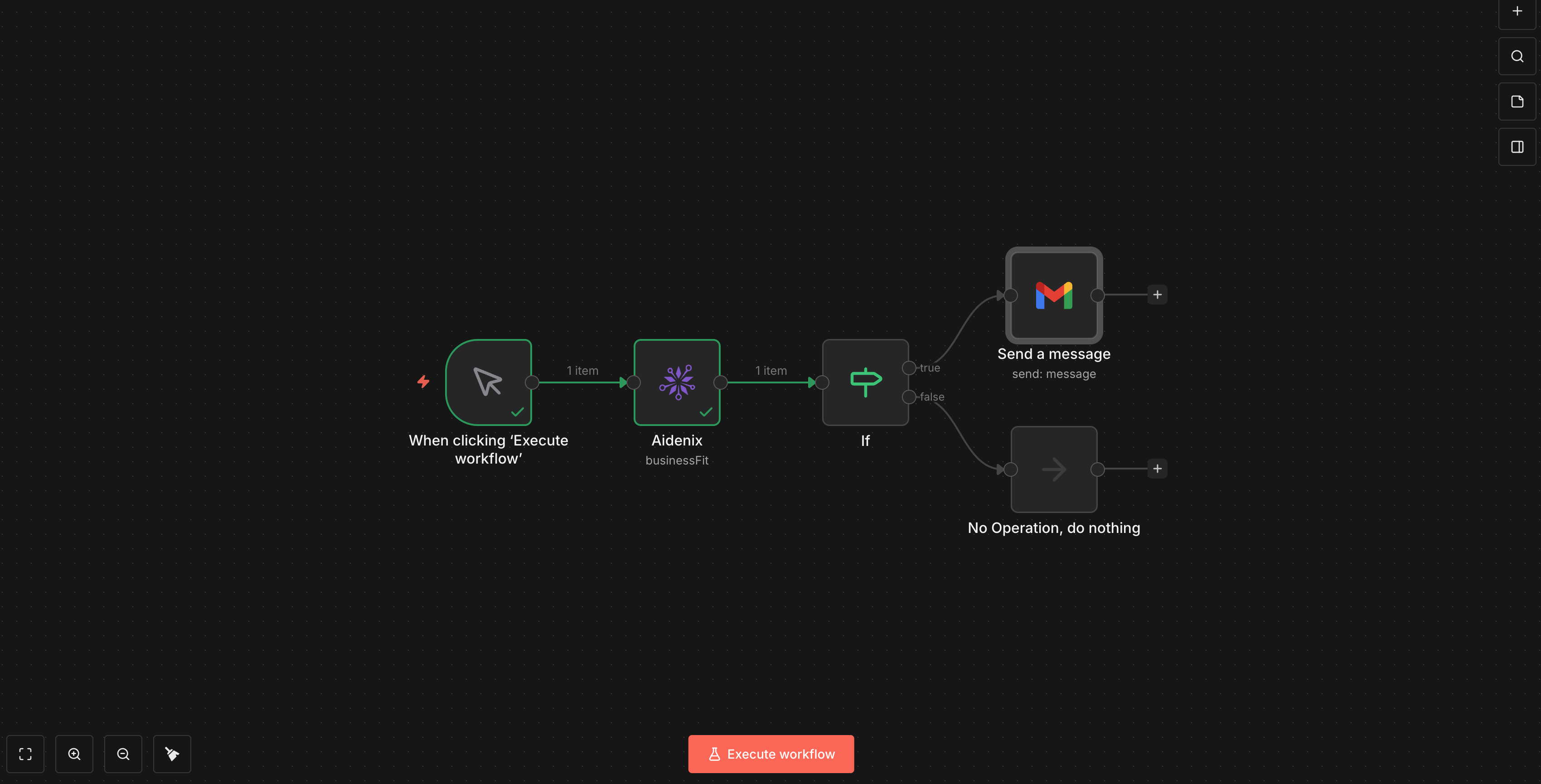 Workflow: Execute → Aidenix → IF → Gmail / No-op