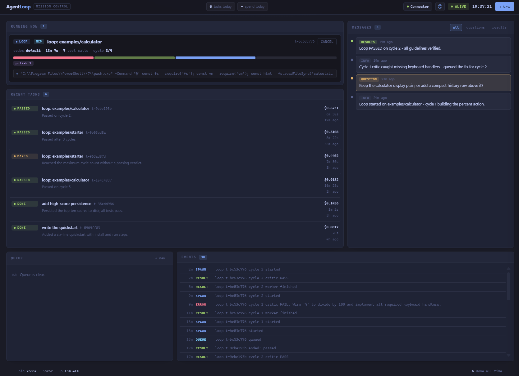 AgentLoop dashboard showing a worker and critic loop