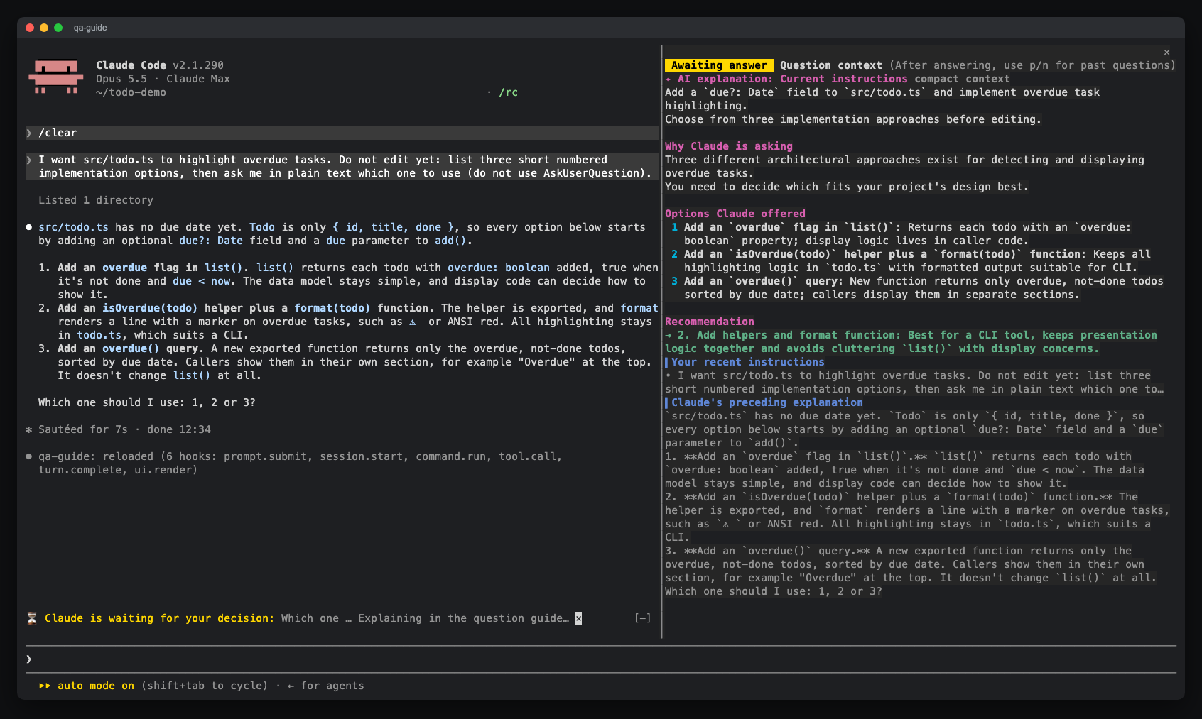 The plain-text question band above the prompt and its explanation in the question guide pane