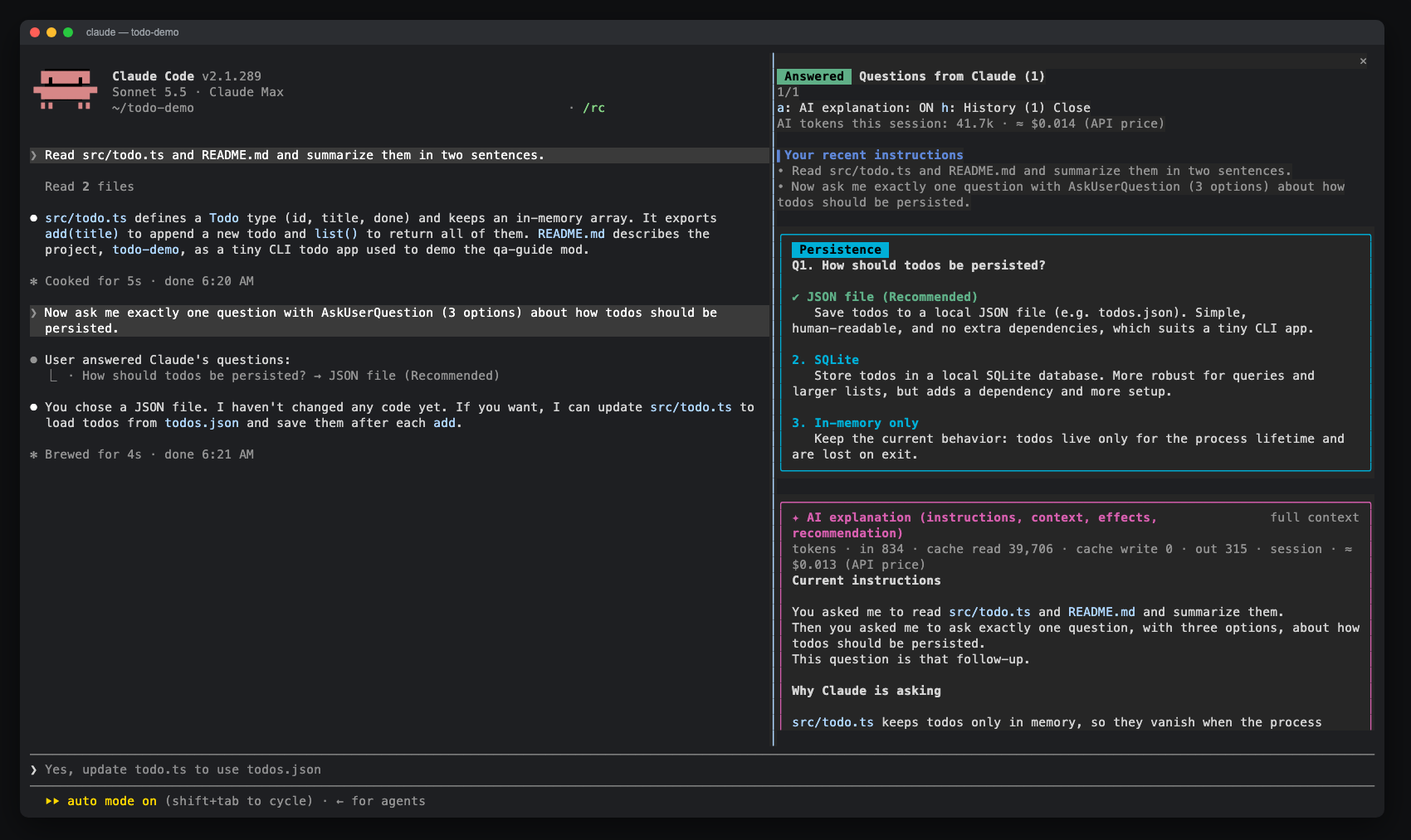 Measured tokens and an API-price estimate for a full-context explanation