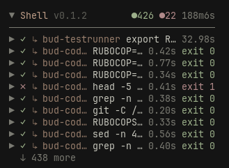 Shell panel in the sidebar listing commands with status, elapsed time and exit codes