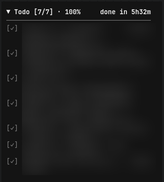 Todo sidebar strip showing 7/7 tasks completed, 100% and a total run time