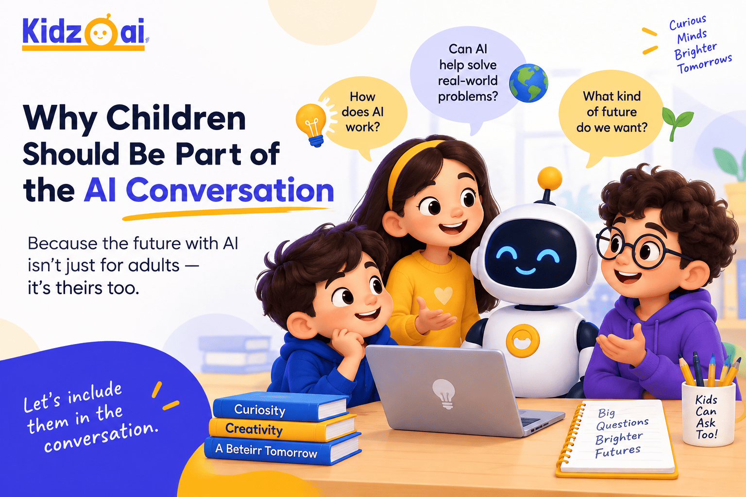Why Children Should Be Part of the AI Conversation | Kidzo AI Kids exploring AI with a friendly robot and asking questions about the future of artificial intelligence