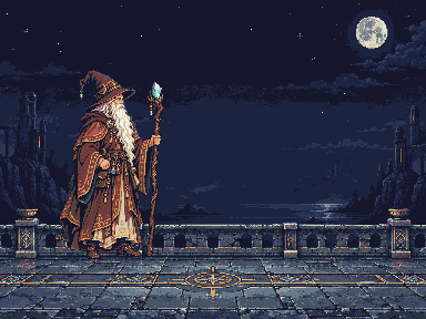 Animated pixel art wizard casting a spell, exported through SPA