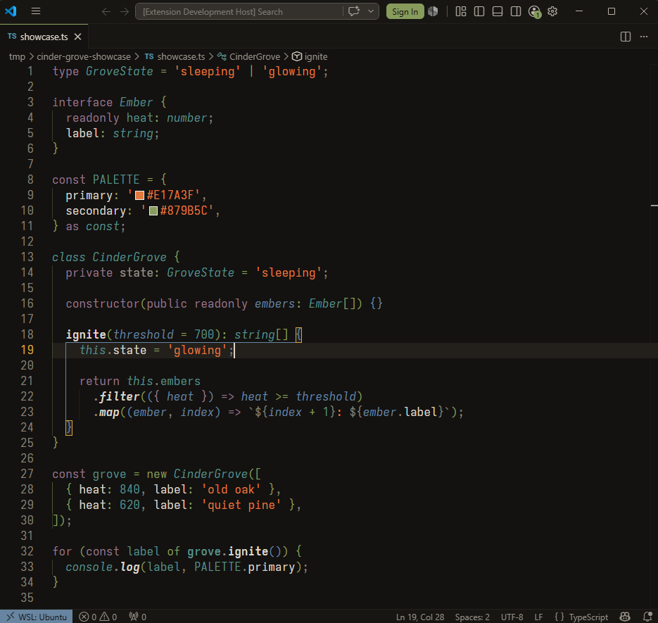 Cinder Grove in Visual Studio Code