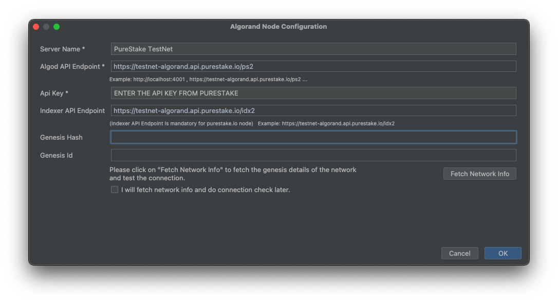 Screenshot of AlgoDEA PureStake node configuration