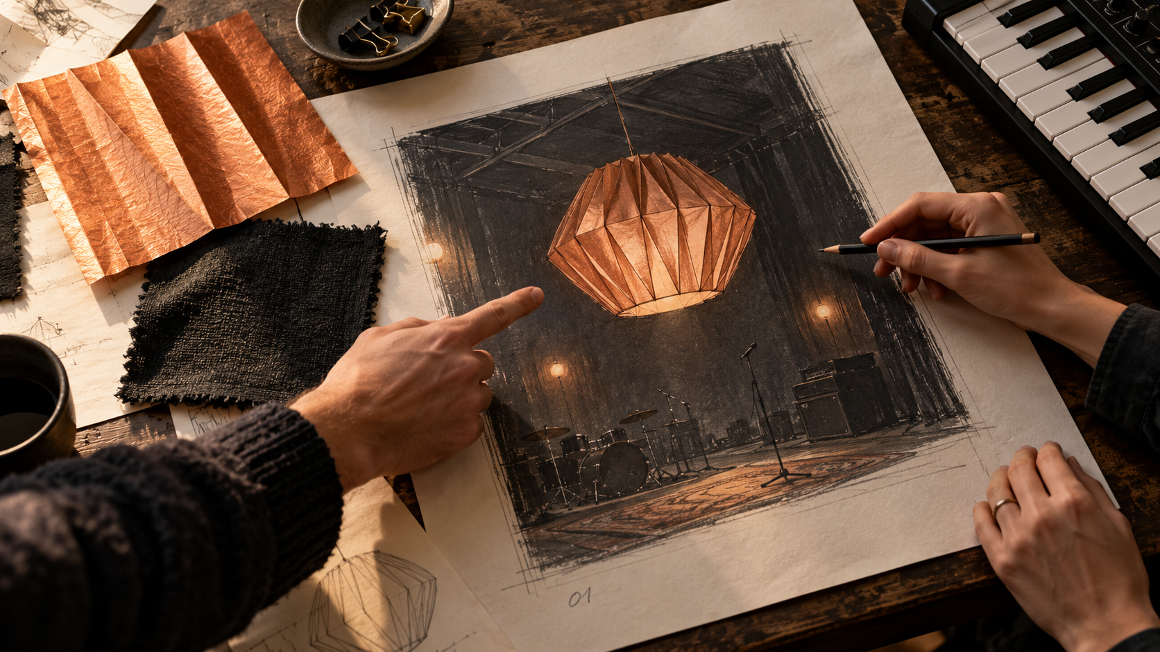 Two collaborators point to a copper paper-lantern scene sketch beside material swatches and a small keyboard.