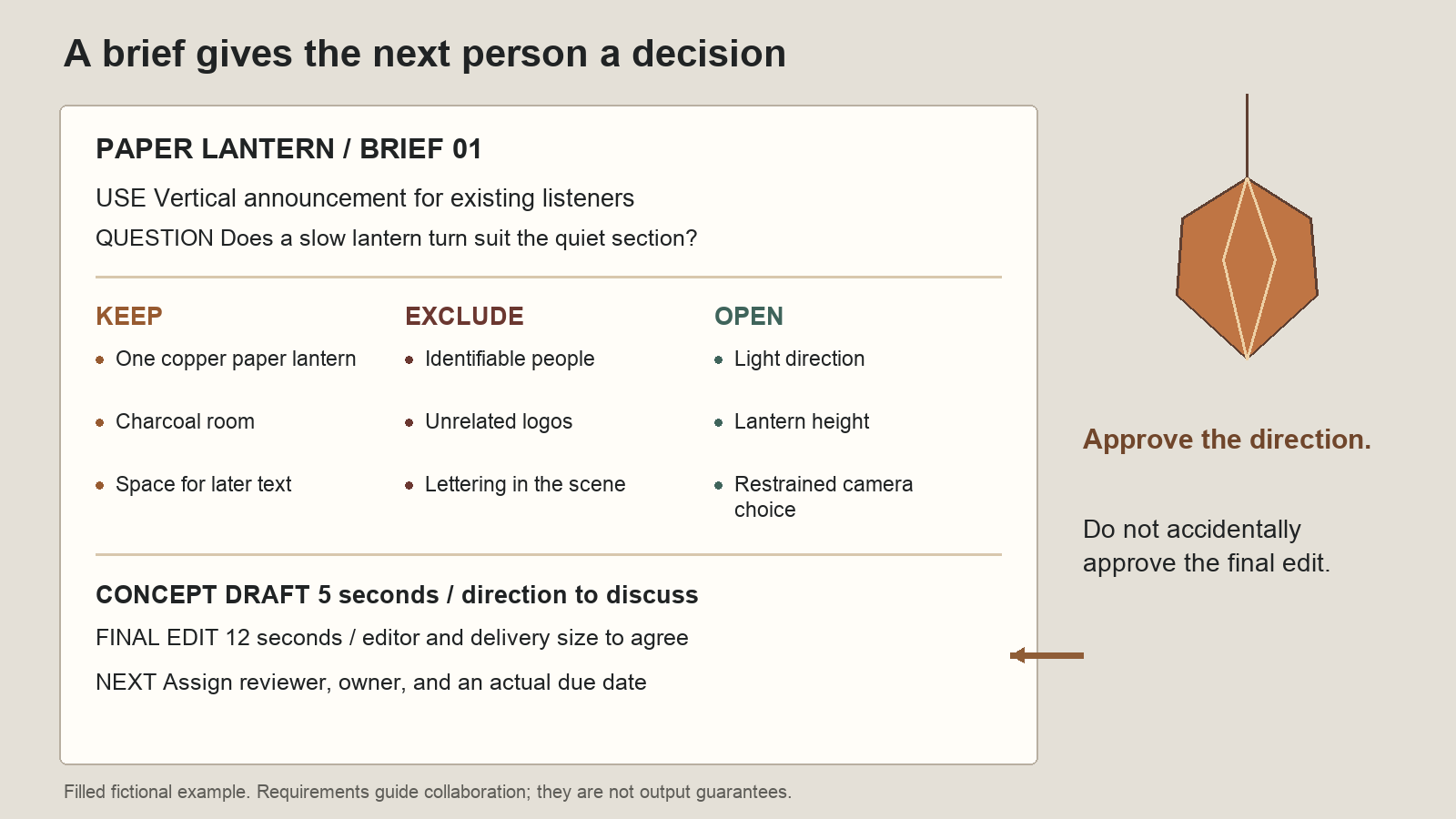 A filled visual brief separates the copper-lantern requirements, exclusions, open choices, and the five-second draft from the final edit.