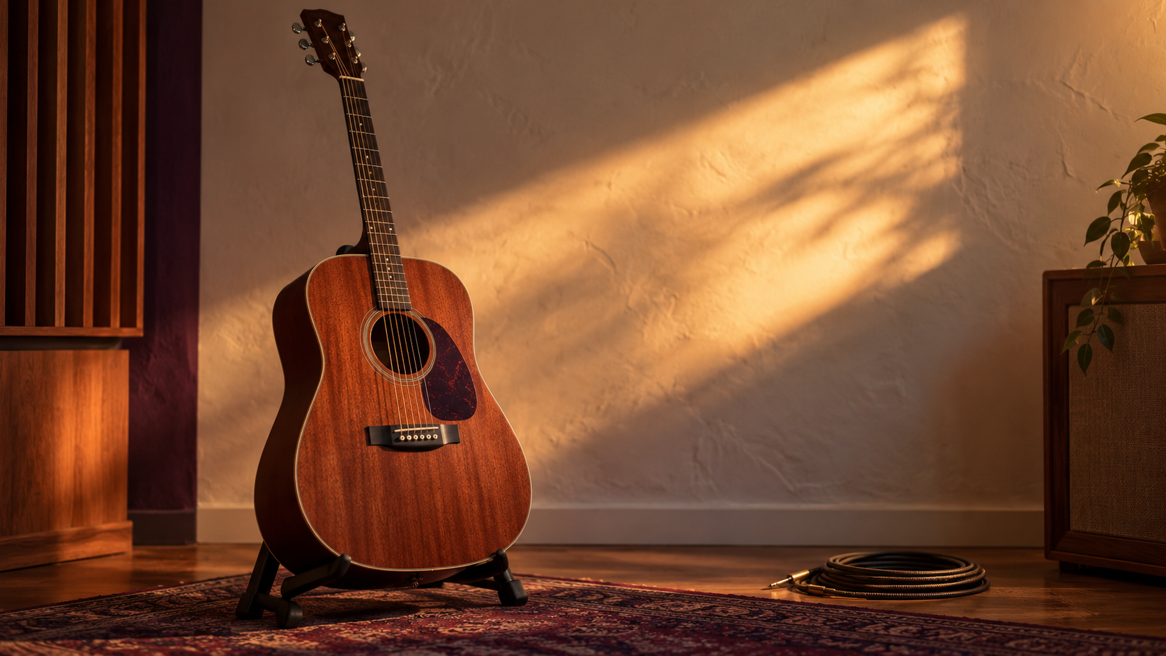 An unplayed acoustic guitar rests on a stand beside a coiled cable, with a diagonal band of warm light on the wall.
