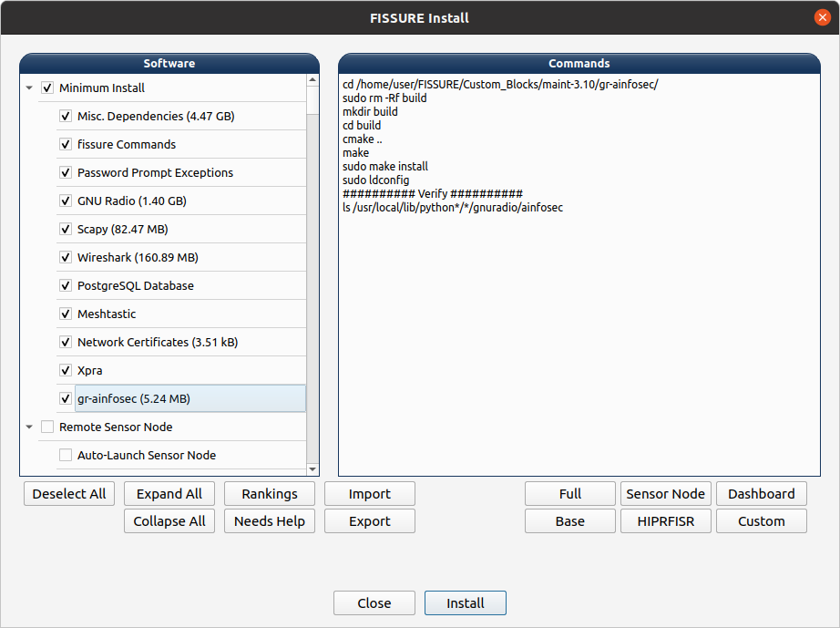 FISSURE installer software, hardware, and component selection