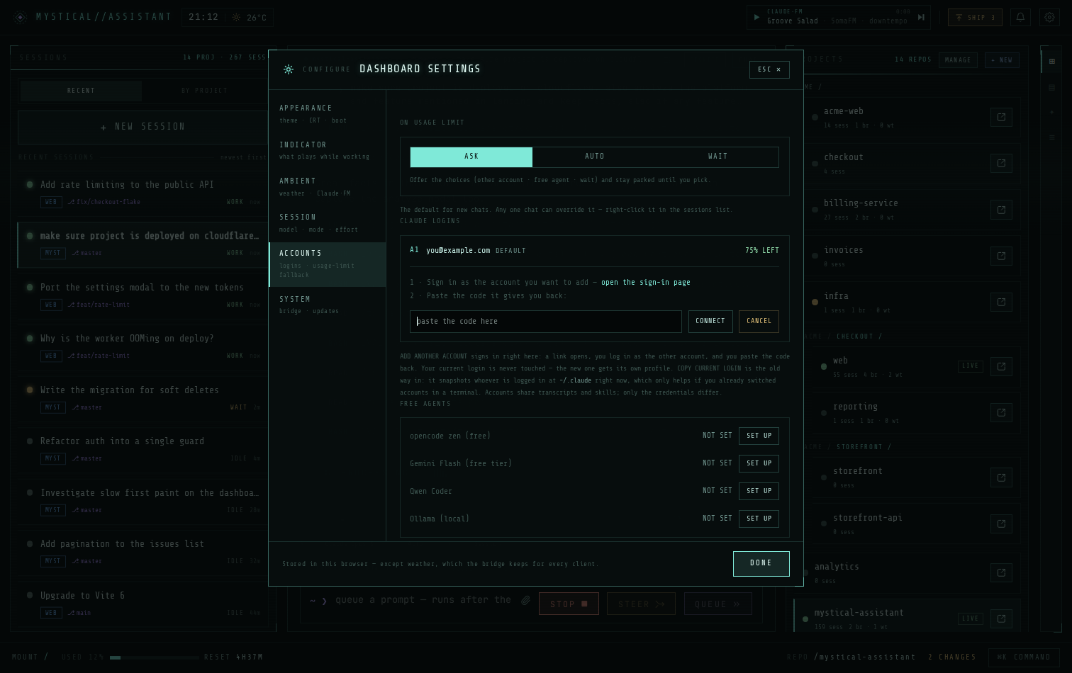 The Accounts tab: an ask / auto / wait picker, a Claude login with quota remaining, and a list of free-agent providers.