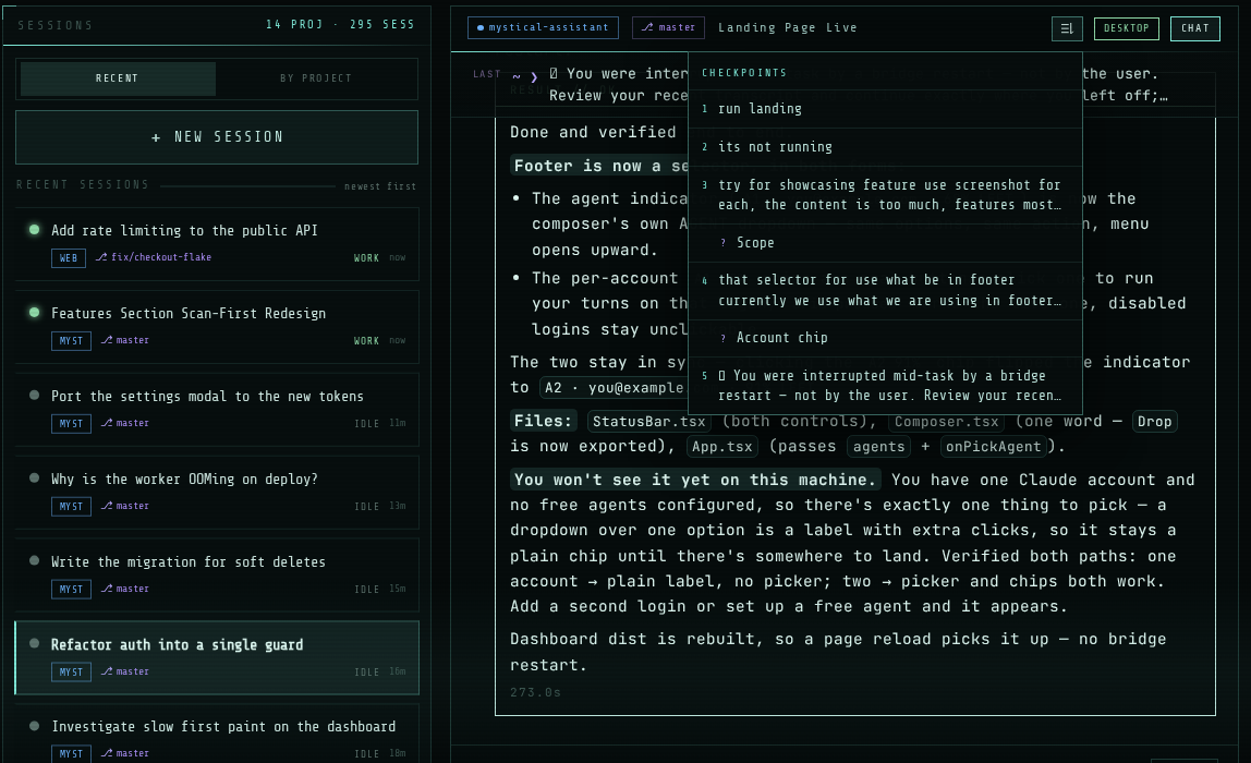 The checkpoints dropdown open over a session, listing its prompts and questions in order.
