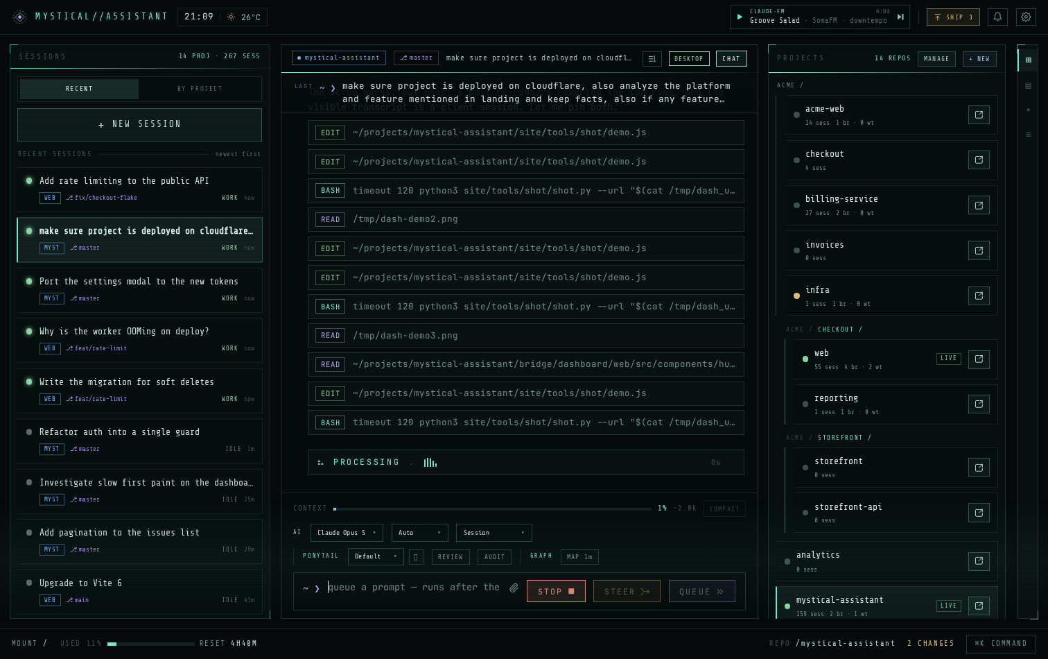 The dashboard: every session on the machine down the left side, a live turn streaming in the middle with model, effort and permission pickers beneath it, and repos grouped by folder on the right.