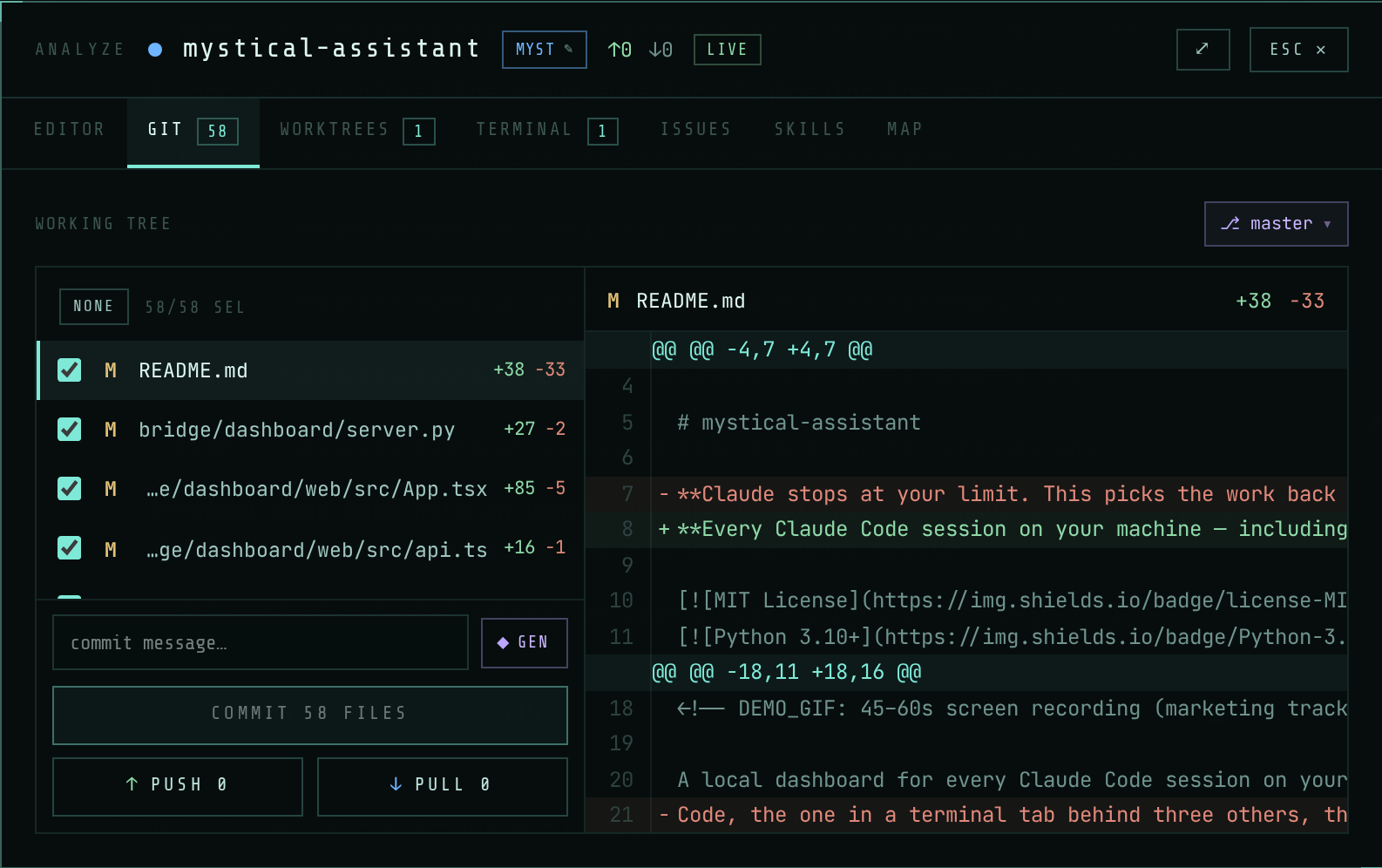 The GIT tab: changed files with a diff beside them, a commit message box, and push and pull buttons.